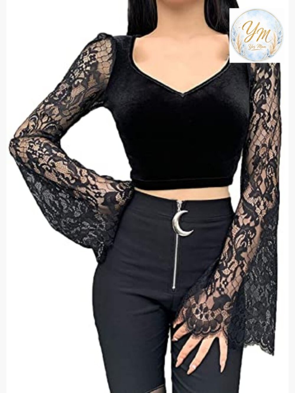 Gothic Crop Top with Velvet and Lace Long Sleeve V-Neck Top - Picture 2 of 7